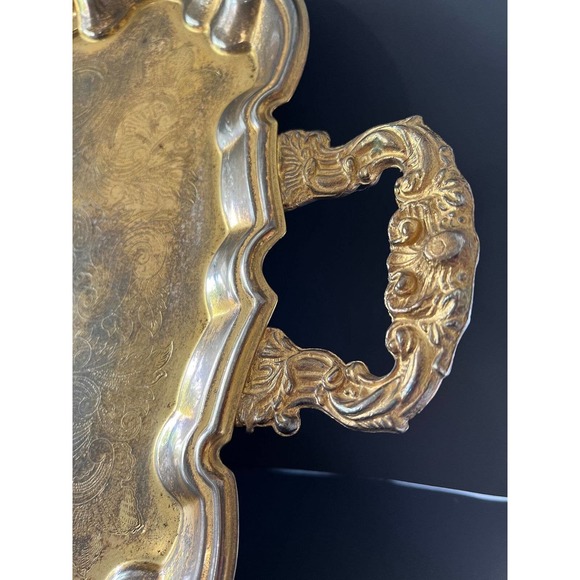 Vintage Gold Plate Butler Tray Relief Embossed Four Ornate Feet 23x13x2 Inches - Picture 5 of 11